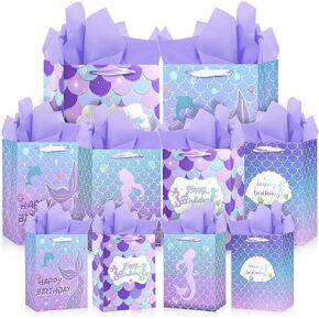 10PCS Assorted Sizes Mermaid Happy Birthday Gift Bag Set with Handles and Tissue Papers for Boys and Girls Birthday Party Baby Shower Newborn with 4 Design Styles 4 Small 4 Medium and 2 Large Gift Bags