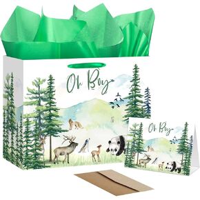 EIGHTSTATES Adventure Themed Baby Boy Gift Set - Green Oh Boy Gift Bag with Card and Tissue Paper & Envelope - Forest Design for Baby Shower, Birthday Party, Christmas