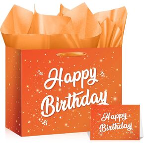 LUUFILx Orange White Birthday Gift Bag for Kids Women Happy Birthday Party Favor Bags with Wrapping Paper Card for Baby Shower Party Decorations Party Supplies