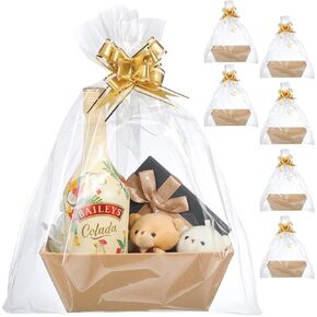 Mimorou 6 Pack Gift Baskets Kit 6 Empty Baskets, 6 Clear Gift Bags, 10 Pull Bows Ideal for Wedding Birthday Party(Gold)
