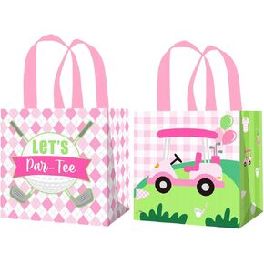 CANDY CHEF Let's Par-Tee Golf Favor Bags 12Pcs Golf Theme Birthday Party Supplies Golf Gift Bags Non-woven Pink Golf Goodie Bags with Handles for Girls Sports Retirement Baby Shower Decor