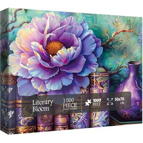 Beautiful Vase Flower Book Puzzles for Adults 1000 Pieces, Colorful Nature Art Plant Jigsaw Puzzles, Pretty Purple Floral Puzzle