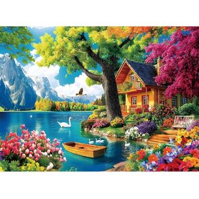 300 Piece Puzzles for Adults,Vintage Lake House Jigsaw Puzzle for Adults Kids Elderly,Large Piece Tree Puzzle for Kids Age 8-10 10-12,Challenging Landscape Puzzle,Family Game Great Gift 20.5x15in