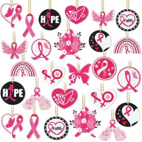 Estune 28 Pcs Breast Cancer Awareness Double Sided Pink Ribbon Diamond Art Painting Keychains, 5d DIY Diamond Keychain Kits, Diamond Keyring Pendant for Beginners Adults DIY Craft