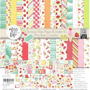 Miss Kate Cuttables Paper & Sticker Kit - Summer Vibes - for Summer - 20 Double-Sided 12x12 Papers with 39 Designs & 1 8X12 Sticker Sheet - Scrapbooking Card Making Crafting