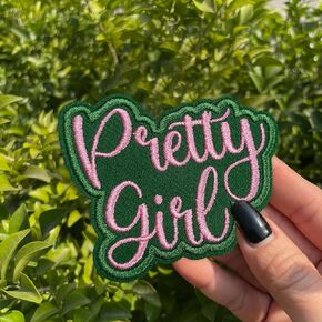 Pretty Girl Patch 3 Inches Pink and Green Girl Gifts Self-Expression and Feminine Iron On/Sew On Embroidery Fabric Applique Patches for Trucker Hats Clothes Backpack DIY Accessories Friends Mom Gifts