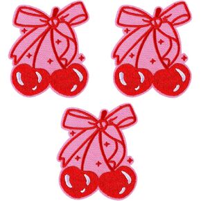 3pcs Cherry Iron On Patches, Cute Red Cherry Bow Iron On Embroidery Patch Applique Accessories for Jeans Hats Clothes Backpacks Fabric DIY