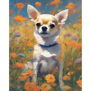 SVINOILER Paint by Numbers for Adult Chihuahua Dog and Flowers DIY Canvas Oil Painting Kit for Adults with Paintbrushes Acrylic Pigment Drawing Paintwork, 40x50cm, Without Frame