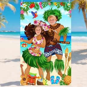 Hawaiian Photo Props Banner Tiki Luau Couple Door Banner Aloha Party Decorations Tropical Beach Photo Booth Background Tiki Luau Aloha Beach Party Decorations 43.3x70.8inch