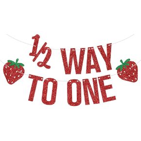 Red Glitter Strawberry Half Way to One Banner, Strawberry 6 Months/Berry 1/2 Birthday, Strawberry Themed Baby's Half Birthday Party Decorations Supplies