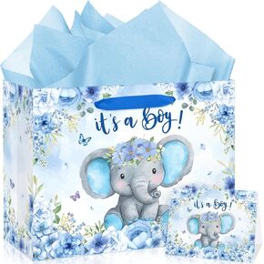 Blue Baby Shower Paper Bag for Boys Large Elephant Gift Bag with Card Tissue Paper Watercolor Elephant Baby Shower Decorations for Baby Boy Birthday Party Gender Reveal Favors Decorations Supplies