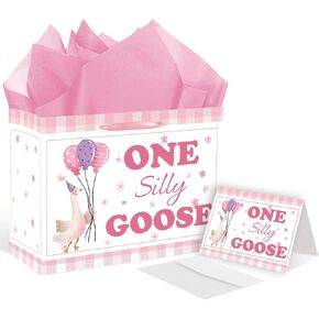 RTMISA One Silly Goose Birthday Gift Bag with Tissue Paper and Greeting Card One Year Old Girl Birthday Gifts Wrapping Bag, Pink Silly Goose First Birth Day Party Decorations Supplies