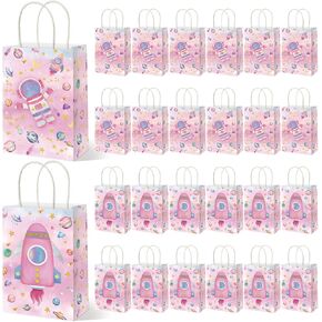 Geyoga 24 Pcs Pink Outer Space Party Favor Bags Space Goodie Gift Bags with Handles Galaxy Rocket Treat Party Supplies Two The Moon Birthday Decoration for Birthday Astronaut Galaxy Solar System Theme