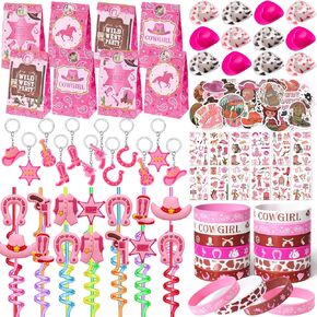 Winrayk 124Pcs Cowgirl Party Favors Hot Pink Birthday Supplies for Girls, Gift Bags Straws Silicone Wristband Mini Hat Keychain Tattoo Sticker, Hot Pink Rodeo Horse Disco Cowgirl Party Favors Supplies
