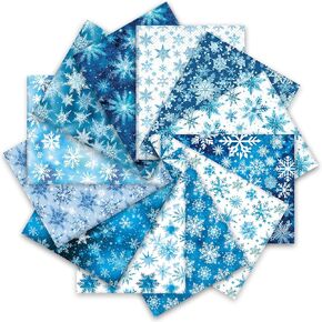 12Pcs Blue White Snowflake Cotton Fabric Bundles 18 x 22 Inch Fat Quarters Winter Watercolor Snowflake Sewing Fabrics for Xmas Winter DIY Craft Party Decor