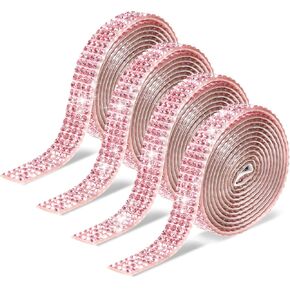 Self Adhesive Rhinestone Ribbon, 4 Rolls 1 Yard Pink Glitter Rhinestone Strips Bling Crystal Diamond Stickers Roll for DIY Crafts Clothes Wedding Birthday Party Phone Car Decoration