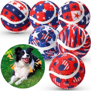 6 Pcs Independence Day Dog Squeaky Tennis Balls 2.5 Inch Interactive Pet Toys Ball 4th of July Patriotic for Small Medium Large Dog Plush Chew Toys Teeth Cleaning for Aggressive Cat Training