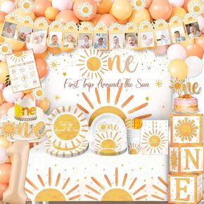 Cocomigo 232pcs First Trip Around the Sun Decorations, One-stop Package Includes 59.1 x 39.4 in Backdrop 40 First Trip Around the Sun Plates 100 Balloons for First Birthday Party
