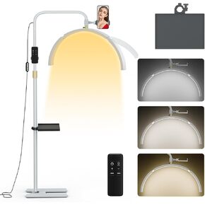 MYSWEETY Lash Light for Eyelash Tech, 29'' Foldable Half Moon Light for Eyelash Extensions, Floor Lash Lamp with Phone Holder & Stand Tray, Dimmable Esthetician Light for Eyelash, Tattoo, Nails-White