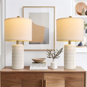 PoKat 20.5" Modern Ceramic Table Lamps Set of 2 for Bedroom, White Bedside Lamps for Night Stands, Farmhouse Decor Nightstand Table Lamps for Living Room End Desk Beige