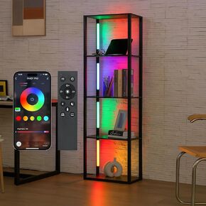FENLO LED Display Shelf Floor Lamp with Wooden Shelves – Adjustable Lighting with App & Remote – Modern Wide Shelf Lamp for Living Room, Office, or Bedroom Fancy Plus Pro