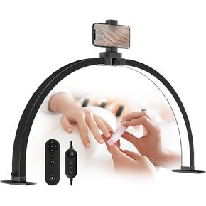 LASTAR Half Moon Light for Nail Desk, 29.9 Inch Foldable Nail Lamp for Desk with Phone Holder, Remote Control/3 Color Temperature/10 Brightness Nail Table Lamp, Black