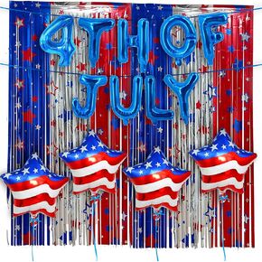 Big, 4th of July Decorations Set - 16 Inch 4th of July Balloons | Red, Blue, Silver Fringe Backdrop, 4 Pieces 18 Inch Star Balloons, Fourth of July Decorations