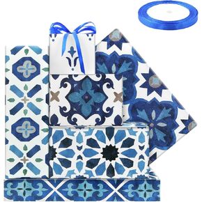 Moroccan Mosaic Ceramic Tile Wrapping Paper, 6 Designs White and Blue Morocco Geometric Motifs - Folded Flat Vintage Gift Wrap Papers with Ribbon Set for Eid ul-Fitr Festival Birthday Wedding Party