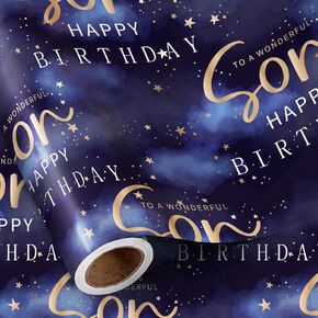 RUSPEPA Birthday Wrapping Paper Roll for Son - Mini Roll - TO A WONDERFUL Son and HAPPY BIRTHDAY Text Pattern Gift Wrap Great for Son's Birthday, Party and Any Occasion - 17 Inches X 16.4 Feet