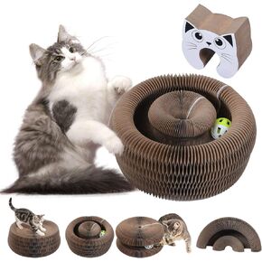 Kitty Kurlz Indoor Cat Toy, Cat Paw-Shaped Accordion Cat Scratcher with Bell Ball & Magnetic Design, Made of Corrugated Cardboard and Sturdy