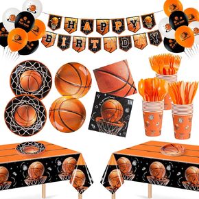 185 Pcs Basketball Party Decorations Basketball Party Supplies Tableware Set with Plates Napkins Cups Fork Knives Spoon Tablecloth Banner Balloons for Basketball Birthday Party Decorations, Serves 24