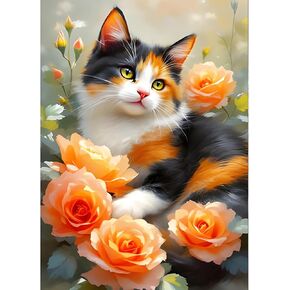 GDYEEH DIY 5D Colorful Cat Diamond Art Kits, Round Full Drill Flowers Diamond Painting Picture, Cute Kitten Painting by Numbers Art Kits for Adults Beginners Home Wall Decor 12x16 inch