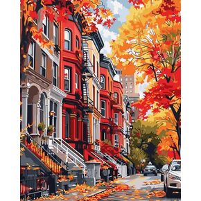 ZUVRDIAI Fall Street Landscape Paint by Numbers Kits 16x20 Inch Canvas DIY Oil Painting, Adults Beginner with Brushes and Acrylic Paints Abstract City Street Scenery(Without Frame)