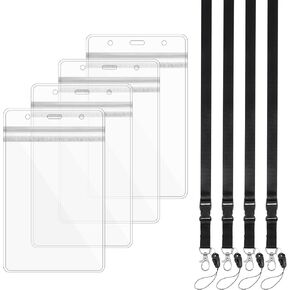 Waterproof Passport Holder, 6.7 x 4 Inch Passport Holder with Lanyards ID Card Holders Passports Protector Clear Custom Badge Cover for Travel, Name Badges, ID, Credit Card, License (4 Pcs, Black)