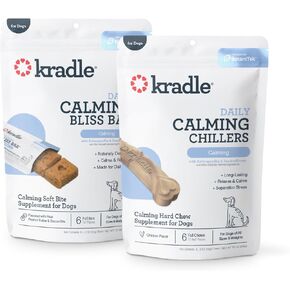 Kradle Calming Bundle for Dogs - Bliss Bars (6) + Chillers (6) - Peanut Butter & Chicken Flavors -Ashwaganda GABA L-Theanine - Supports a Calm Demeanor