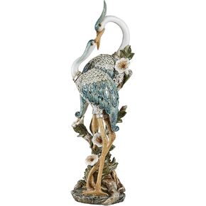 Devoted Cranes Table Sculpture Teal - Made of Resin Coastal Crane Shorebirds - Glitter Accents - Bird Statue - Flowers, Vining Leaves Base - Measures 5 Inches Wide, 16 Inches High