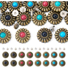 16 Sets Faux Turquoise Decorative Rivets Studs 12-20mm Round Vintage Conchos for Leather Alloy Coin Screwback Button Rivets for Clothes Bag Shoes Leather Craft