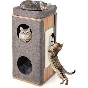 Tangkula 3-Story Cat Tree Condo, Wooden Cat House with Scratching Board, 2 Hideaways & Removable Soft Top Plush Bed, Modern Barrel-Shaped Cat Tower Furniture for Indoor Cats (Grey)