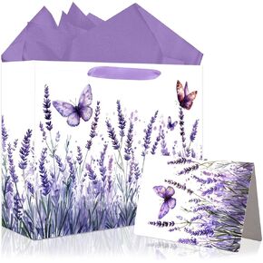 JOCOPUERTO Lavender Birthday Gift Bag - 13" Large Purple Butterfly Gift Bag with Tissue Paper and Card for Women Purple Themed Birthday Party Supplies