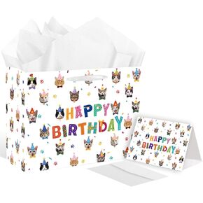 SolarGlory Cat Birthday Gift Bag - Large Happy Birthday Gift Bags with Card & Tissue Paper(Wrapping Paper), White Feline Party Favors for Cat Lovers & Kids Bday Decorations Supplies 11.8x5.3x9.4 Inch