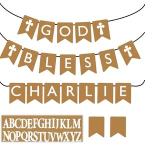 Felt Personalized Name God Bless Banner for Baptism, First Communion Decorations, Baby Christening Decor, Religious God Bless Sign for Boys and Girls
