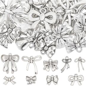 SUNNYCLUE 1 Box 54Pcs 9 Styles Bow Charms Alloy Silver Bowknot Charm Bulk Cute Metal Little Silvery Bowknots Charms for Jewelry Making Charms DIY Crafts Necklace Bracelet Earring Beginners Gifts Women