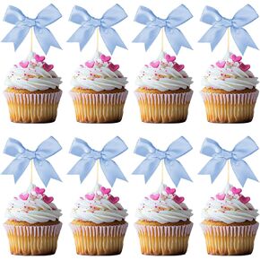 24 Pcs Birthday Bow Cupcake Toppers Blue Satin Bowknot Cupcake Toppers Blue Ribbon Bow Cake Topper Bow Cupcake Picks for Wedding Baby Shower Bridal Bachelorette Party Supplies