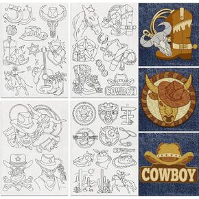 31Pcs Western Cowboy Embroidery Pattern Stabilizers, 8.3"x11.7" Skull Cowboy Water Soluble Stick and Stitch Embroidery Stickers, 4 Sheets Vintage Hand Sewing DIY Embroidery Paper