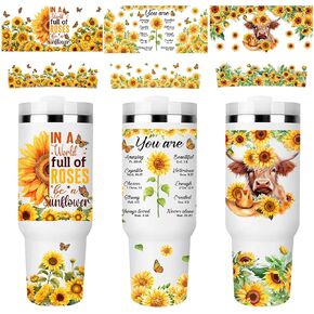 UV DTF Cup Wraps, 6 Sheet Sunflower UV DTF Transfer Stickers for 40 oz Tumbler, Highland Cow, Butterfly, Inspirational Quote Designs, Personalized DIY Craft