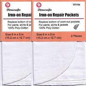 -1 Pair Dimecrafts Heat-Set (Iron-on) Repair Pockets for Replacement/Extension of Trousers/Jeans (White 2 Bags)