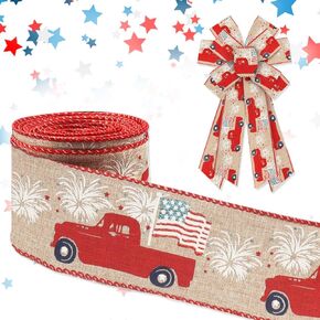 Threetols Patriotic Wired Edge Ribbons 2.5" 10 Yards, Red Blue Glitter Wired Ribbon Veterans Day Patriotic Star Stripe Fabric Craft Ribbon for Holiday Party DIY Craft Labor Day Decor Wreaths Bow