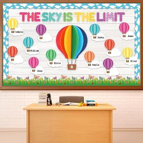 3D Hot Air Balloon Bulletin Board Set Colorful DIY Crafts Name Tags The Sky is The Limit Classroom Decorations Back to School Paper Cutouts for Motivational Nursery Wall Decor Teacher Supplies