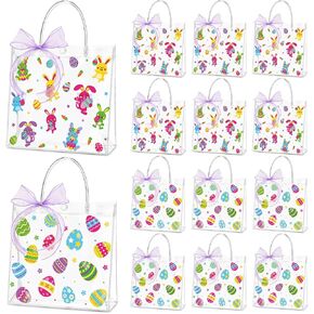 Hosuly 24 Pcs Butterfly Flower Gift Bags with Ribbon Roll Clear PVC Spring Butterfly Treat Bags with Handles Reusable Pink and Purple Pouches for Wedding Spring Birthday Party Baby Shower