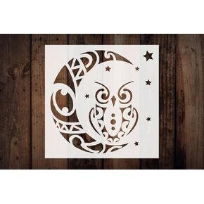 Tribal Moon Owl Stencil Reusable Sturdy Flexible Clear Plastic 1-5.5x5.5 in Arts and Crafts Material Scrapbooking for Airbrush Painting Drawing